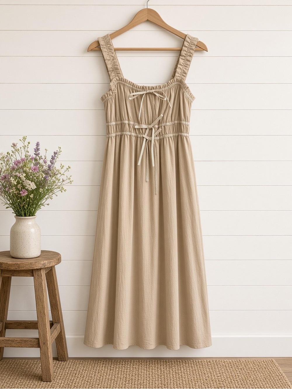 Shirred Stripe Front Tie Sleeveless Midi Dress Small